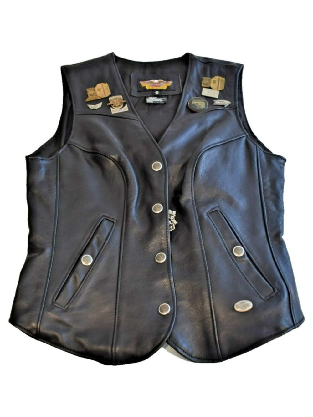 Harley Davidson Womens M Leather Riding Vest W/ Vintage Pins and Patches